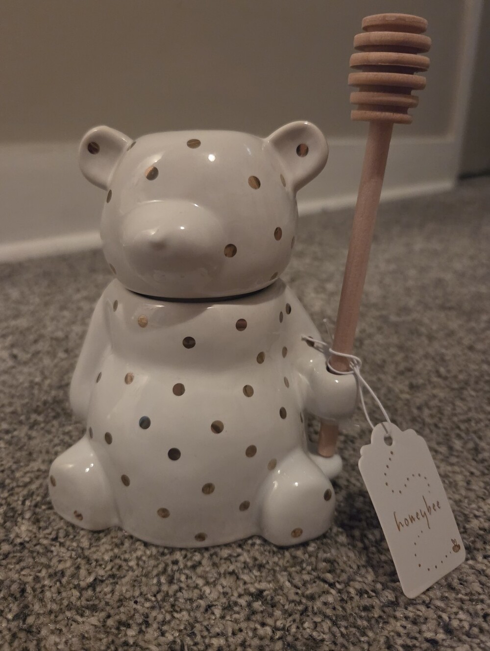 White Ceramic Teddy Bear Honey Jar with Gold Polka Dots